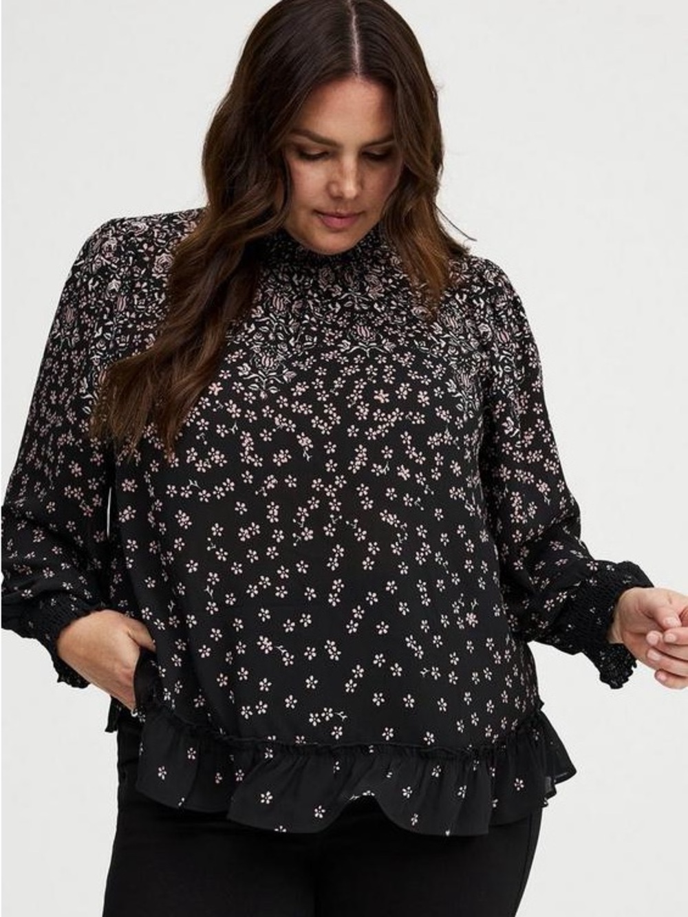 torrid Black Blouse with Pink Daisy Print and Ruffle Hem